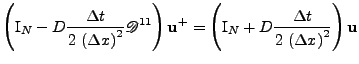 $\displaystyle \left(
 \mathrm{I}_N
 -
 D
 \frac{\Delta t}{2\,\left(\Delta x\rig...
...athrm{I}_N
 +
 D
 \frac{\Delta t}{2\,\left(\Delta x\right)^2}
 \right)
 {\bf u}$