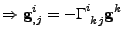 $\displaystyle \Rightarrow
 {\bf g}^{i}_{,j}=-\tensor{\Gamma}{^i_{kj}}{\bf g}^k$