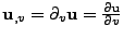 $ {\bf u}_{,v}=\partial_{v}{\bf u}=\frac{\partial {\bf u}}{\partial v}$